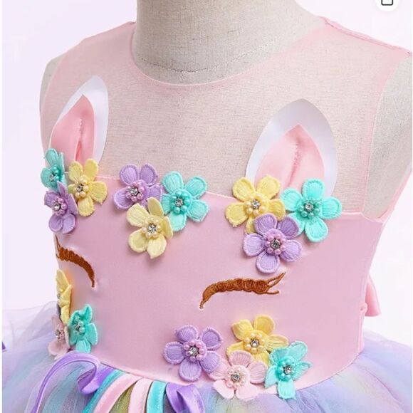 NEW! Little Girl Princess Unicorn Frilled Colorful Rainbow Mesh Hem Ball Gown - Picture 3 of 6